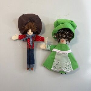 Vtg Handmade Fabric Dolls Cowboy Country‎ Folk Art Ornaments Set of 2 Prairie